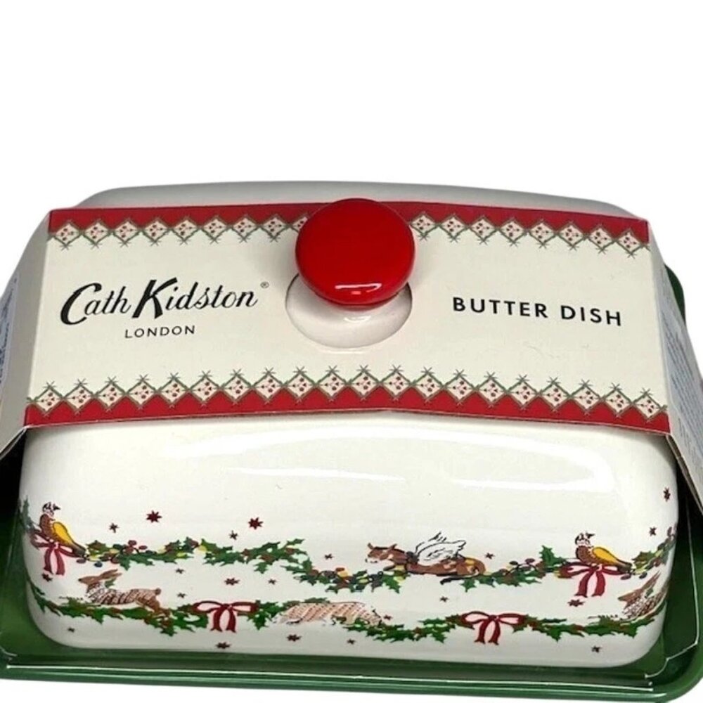 Cath Kidston Holiday Butter Dish with Red and Green Accents